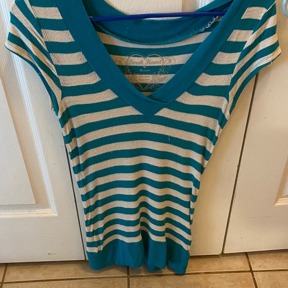 Derek Heart Teal and White Striped Med Top